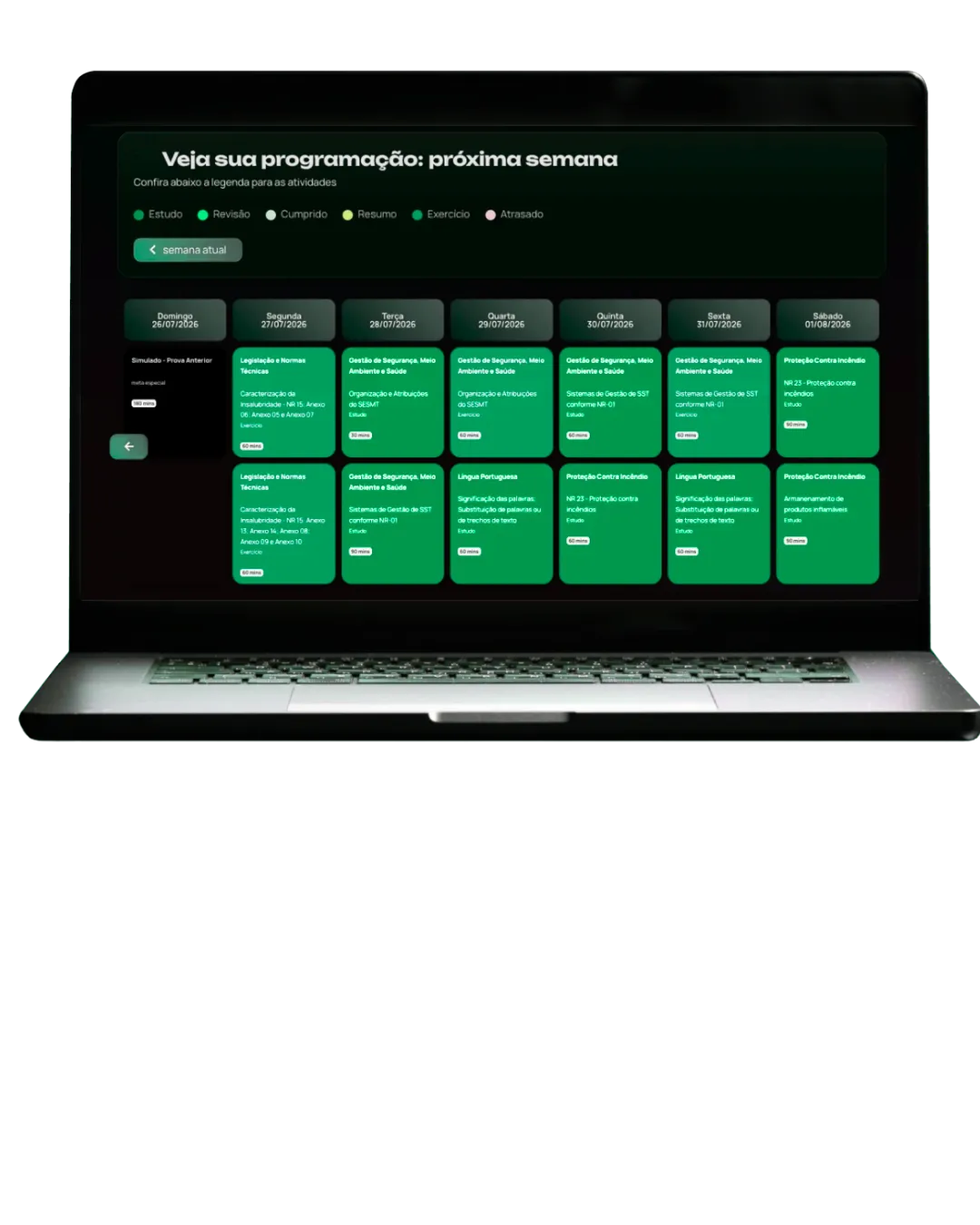 Plataforma de acompanhamento — programação semanal de estudos